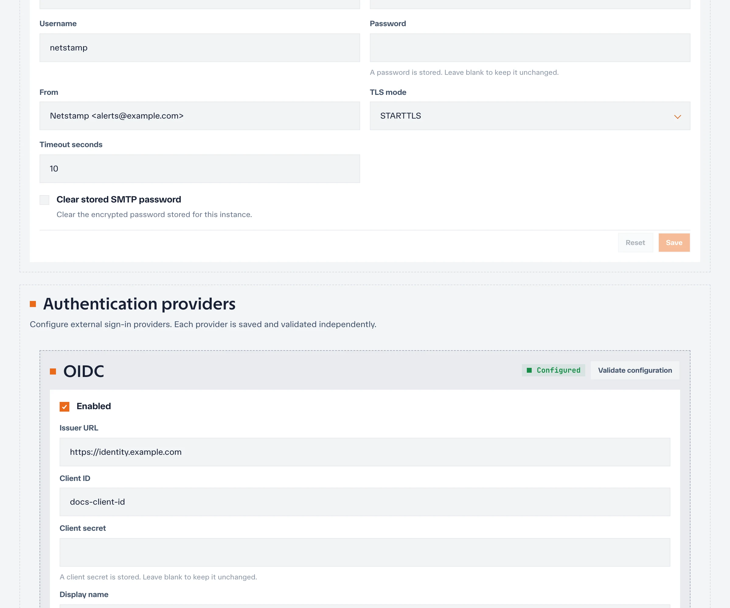 OIDC, Google, and GitHub authentication-provider settings with callback URLs