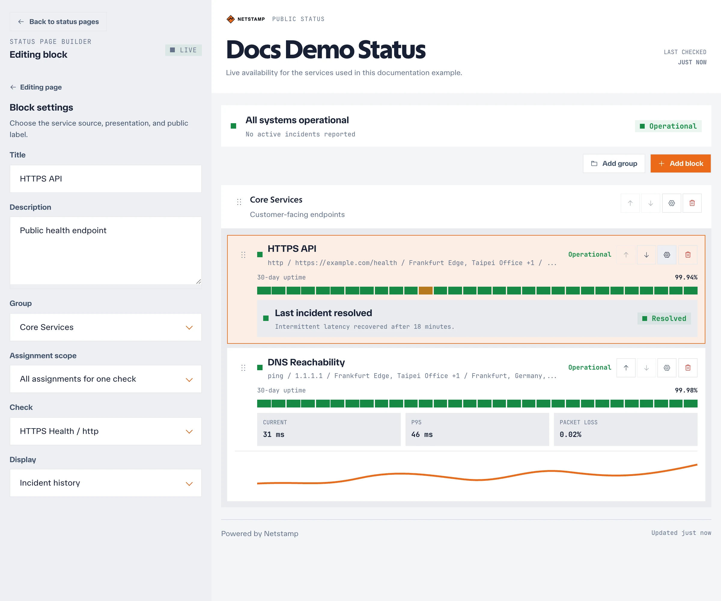 Status-page block editor for assignment scope, display mode, chart range, and public label