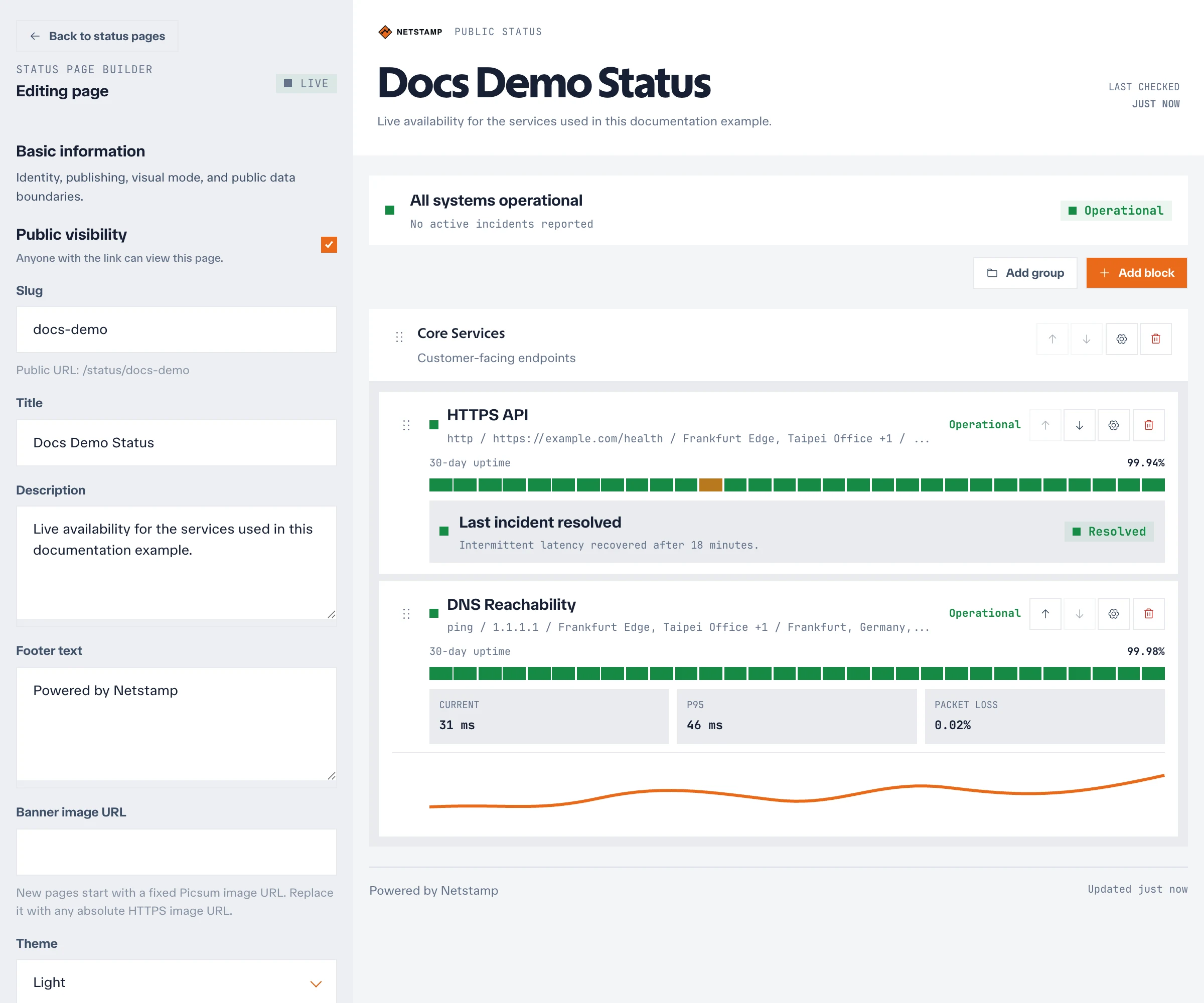 Status-page builder with settings and a live service preview