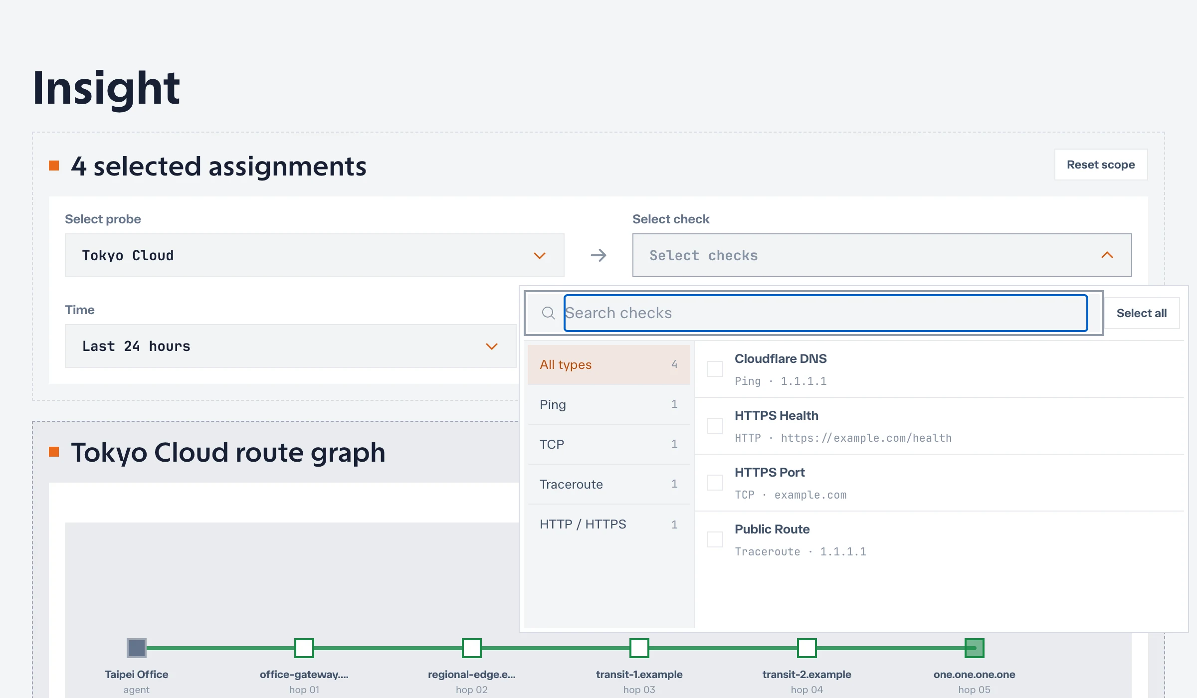 Insight check picker grouped by check type after a probe has been selected