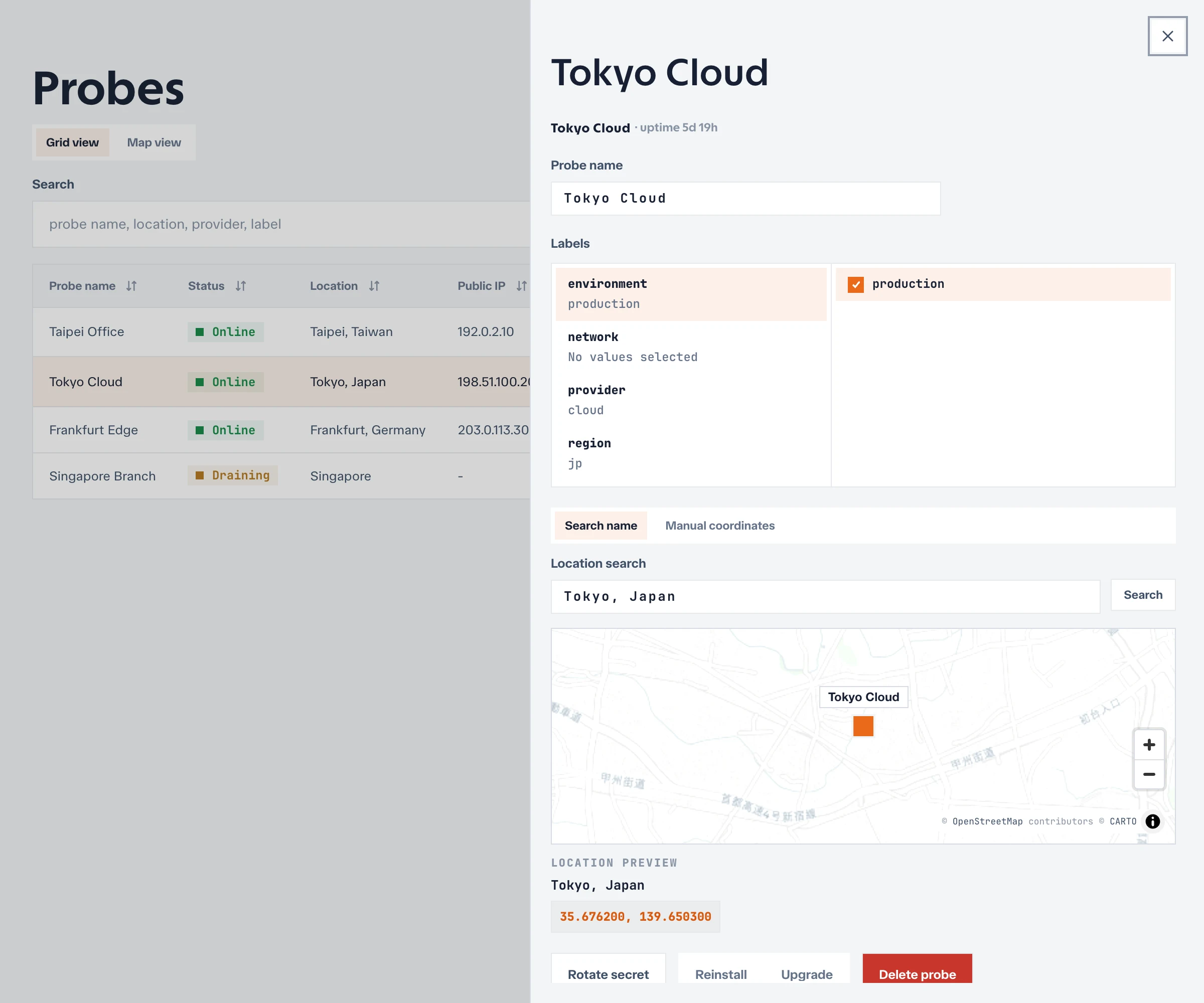 Probe detail drawer with status, metadata, labels, and assigned checks