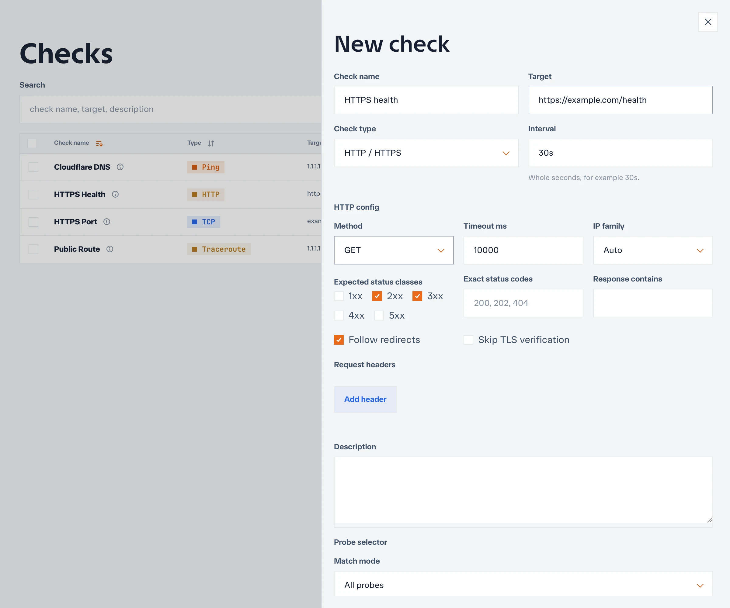 HTTP check form with method, status, redirect, TLS, and response settings