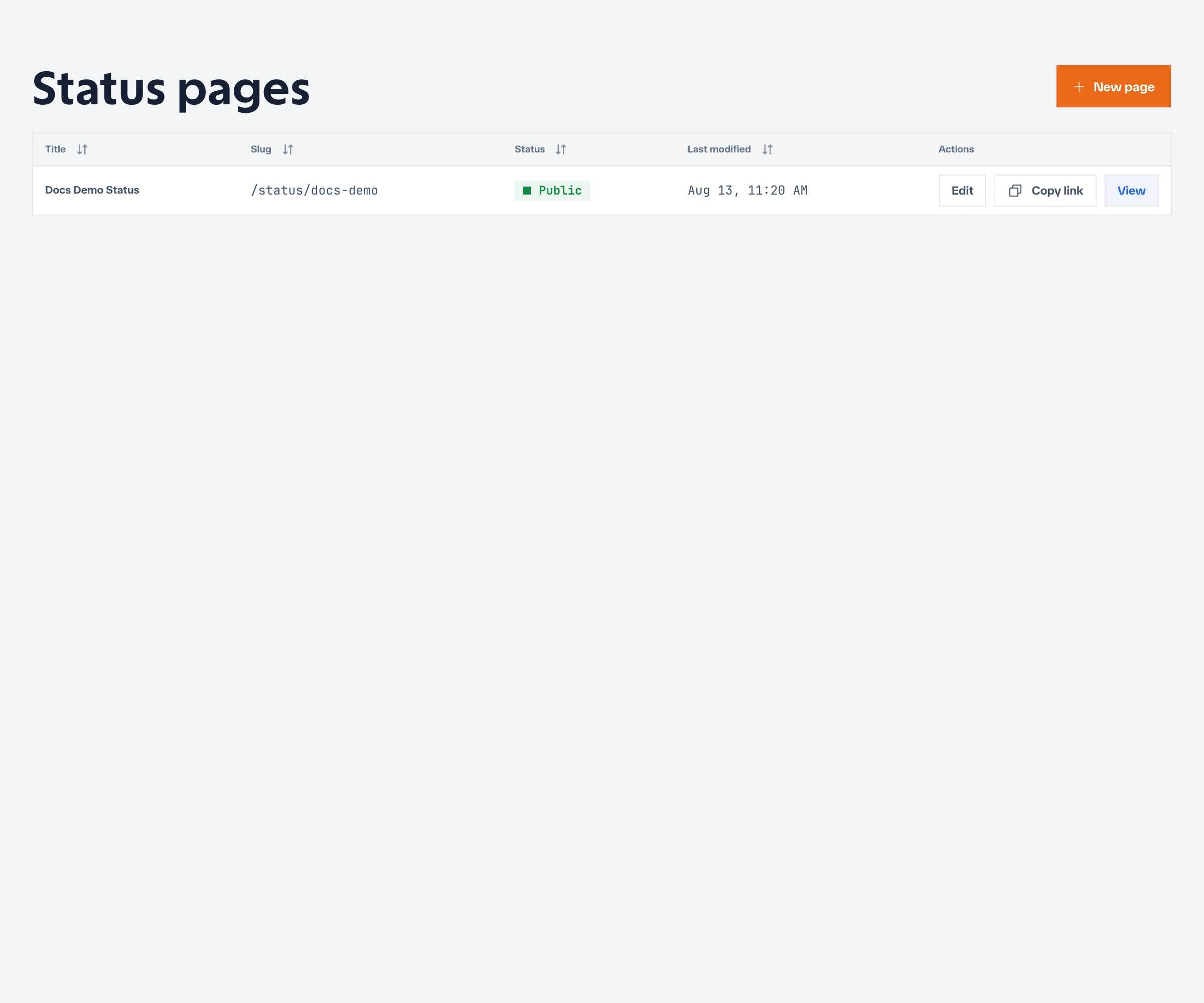 Status-page registry with visibility, slug, state, and actions