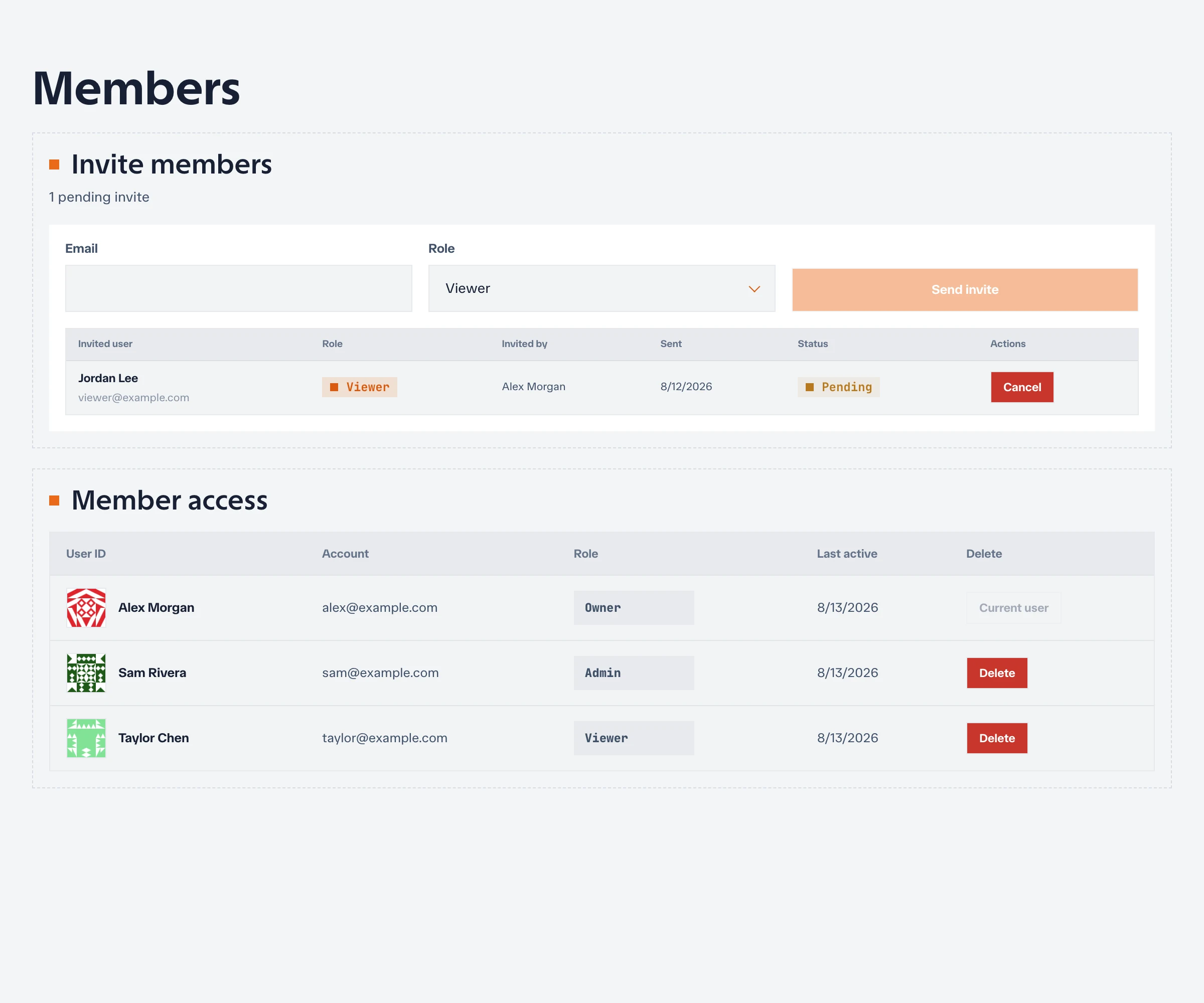 Project members page with the invite form and a pending invitation