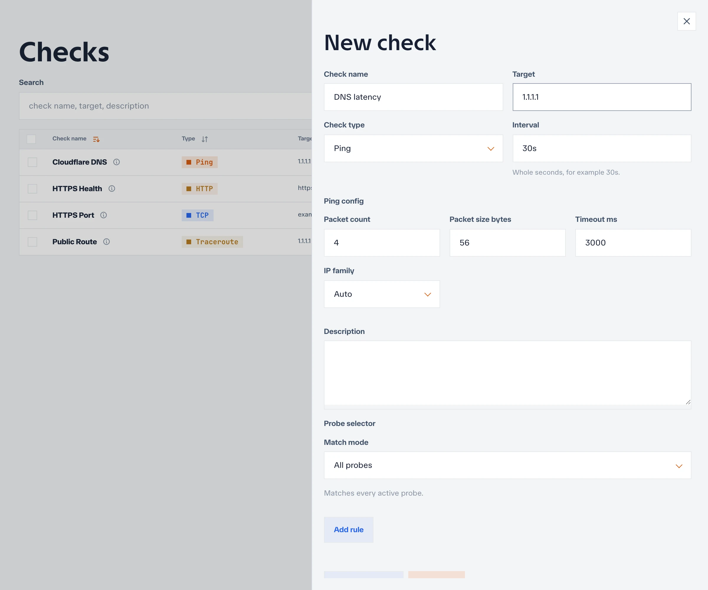 Ping check form with packet count, packet size, timeout, and IP-family settings