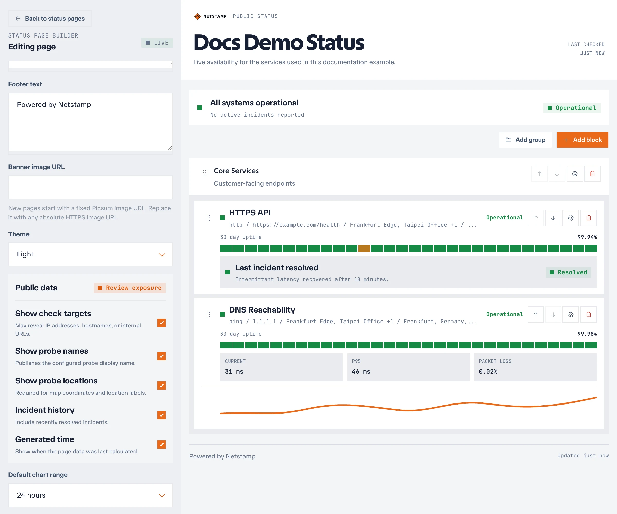 Status-page public-data controls for targets, probe names, locations, incidents, and generated time