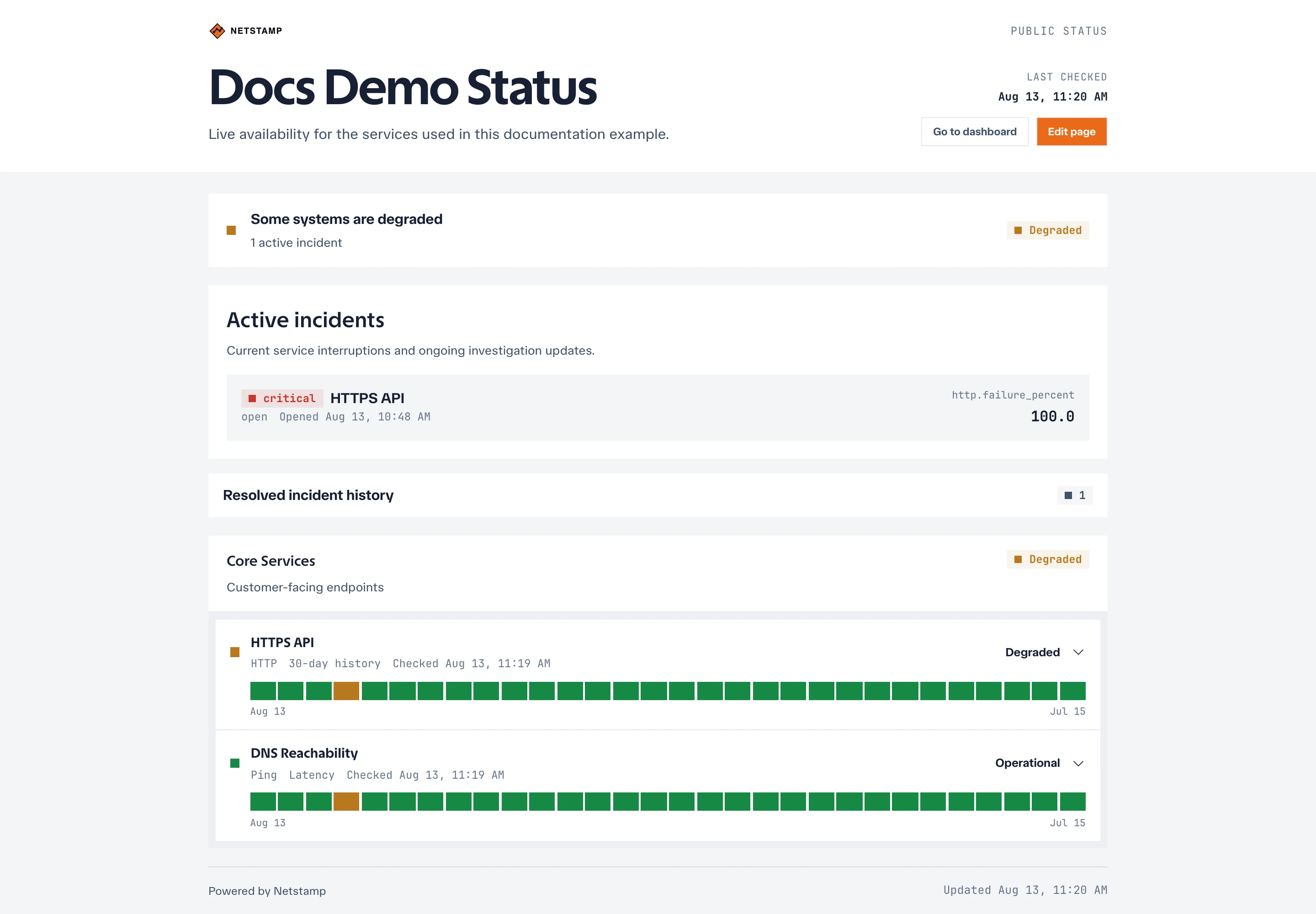 Public Netstamp status page with overall health, incidents, and service history