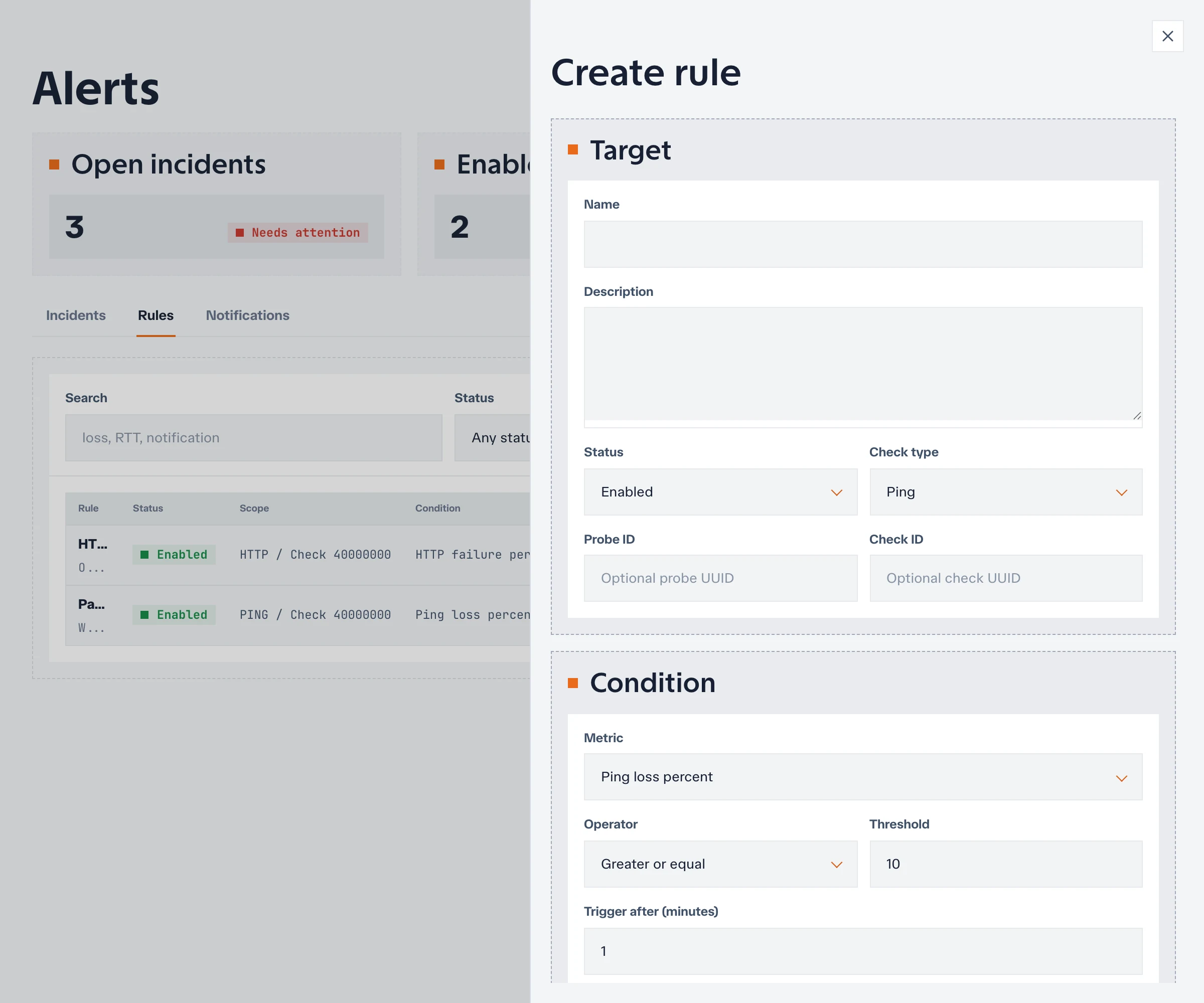 Alert rule editor showing check scope, metric, operator, threshold, and trigger duration