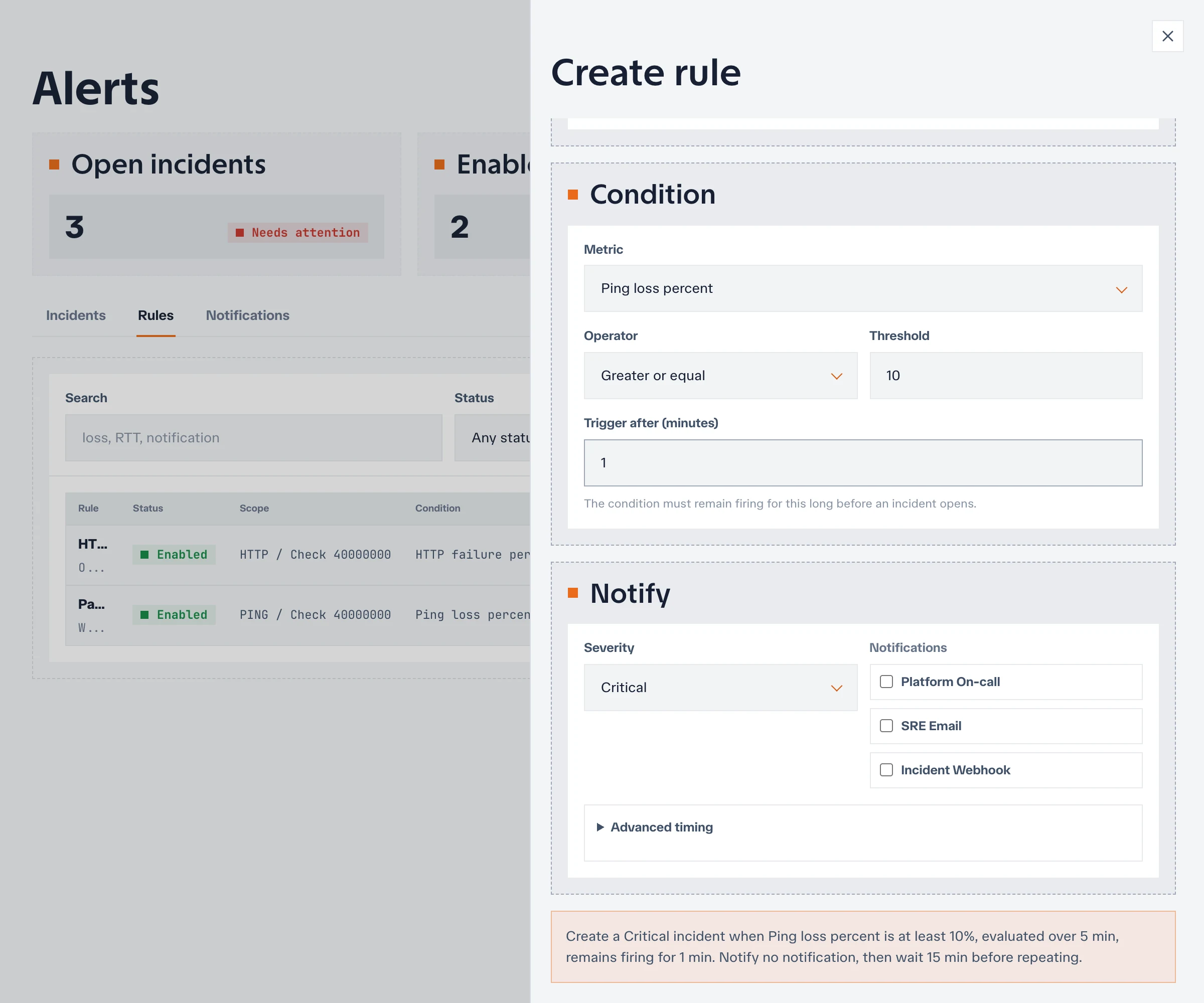 Alert rule editor showing severity and selected notification destinations