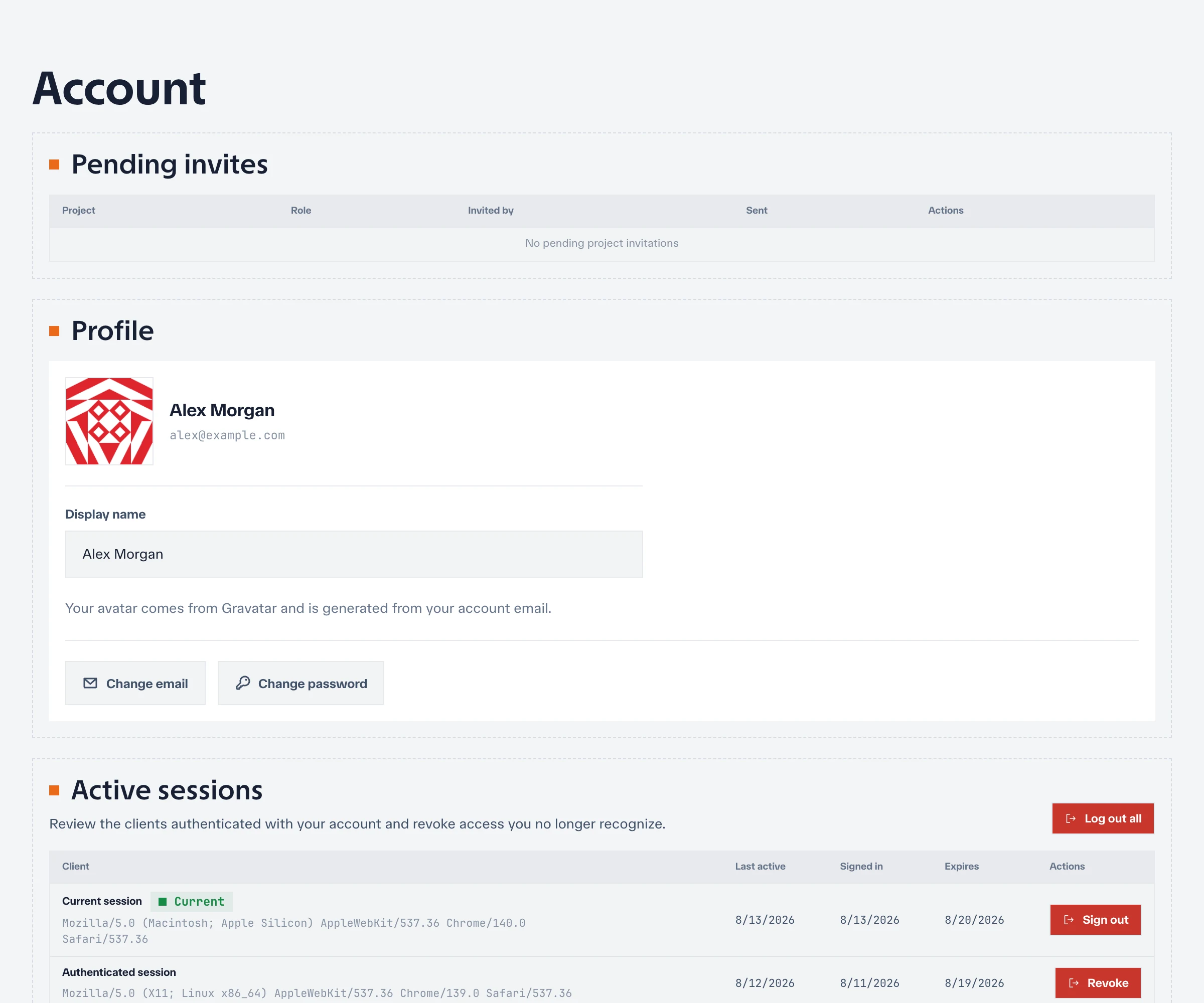 Active session table with current and secondary authenticated clients