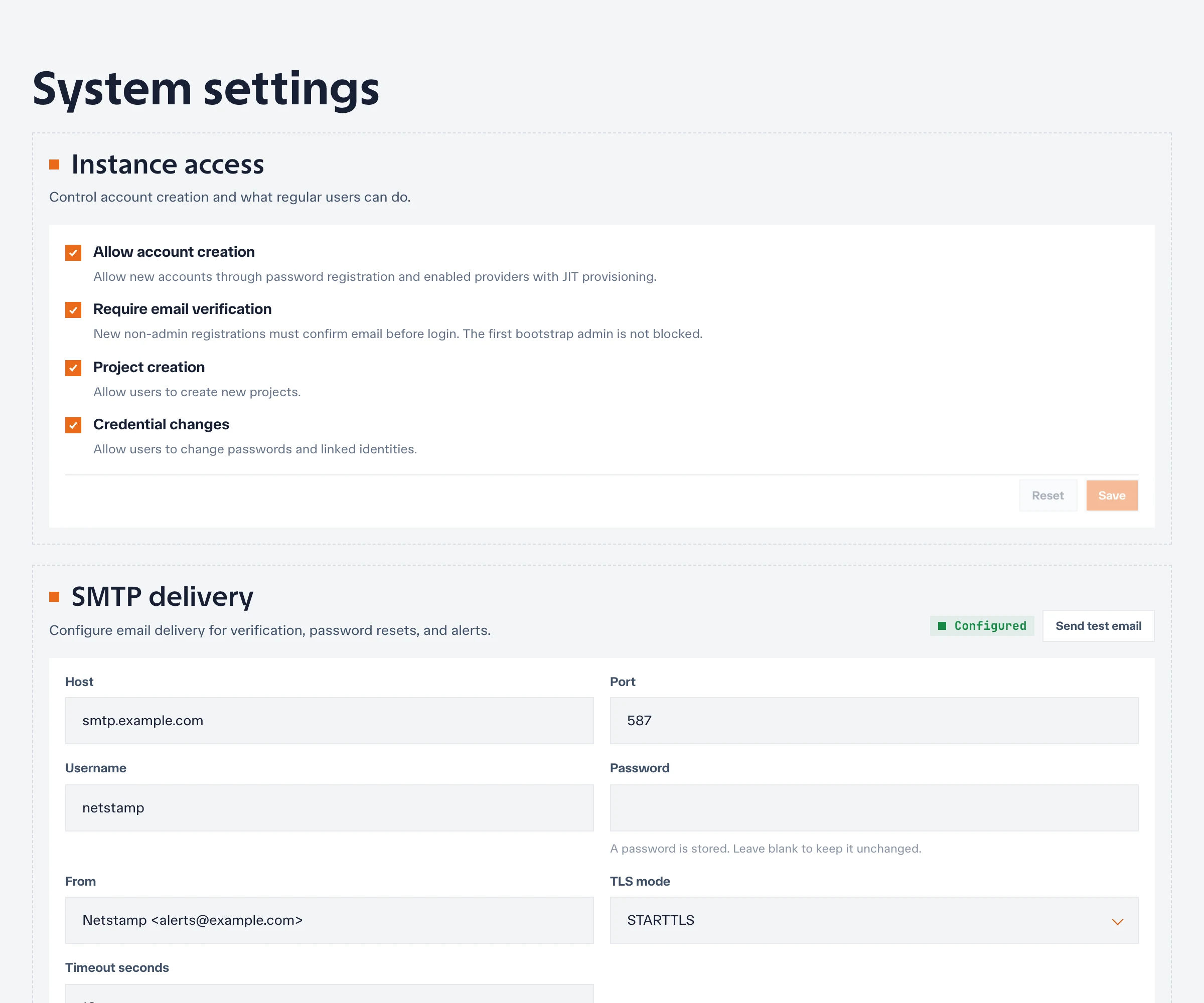 System instance-access settings for account creation, verification, projects, and credential changes