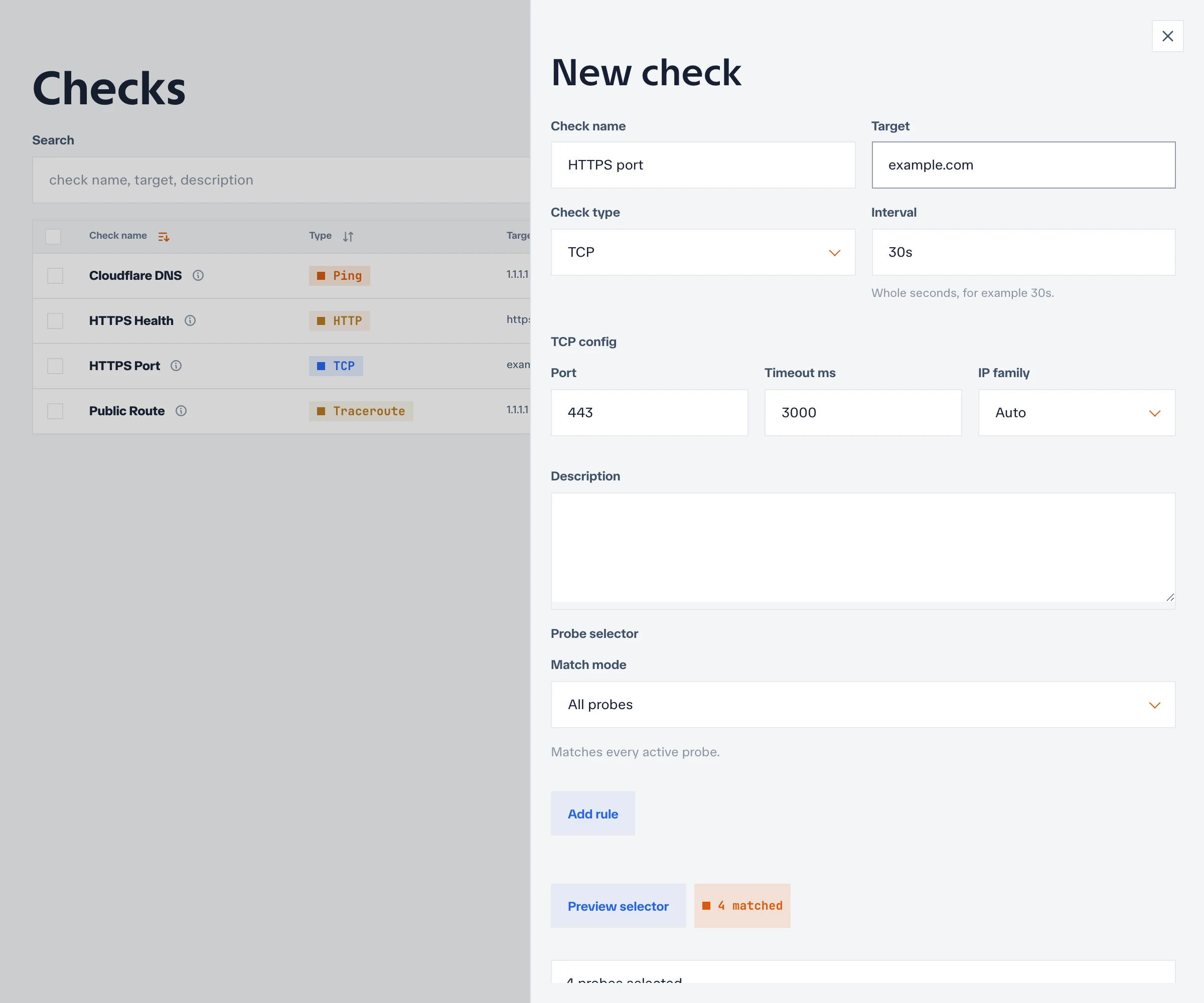 TCP check form with port, timeout, and IP-family settings