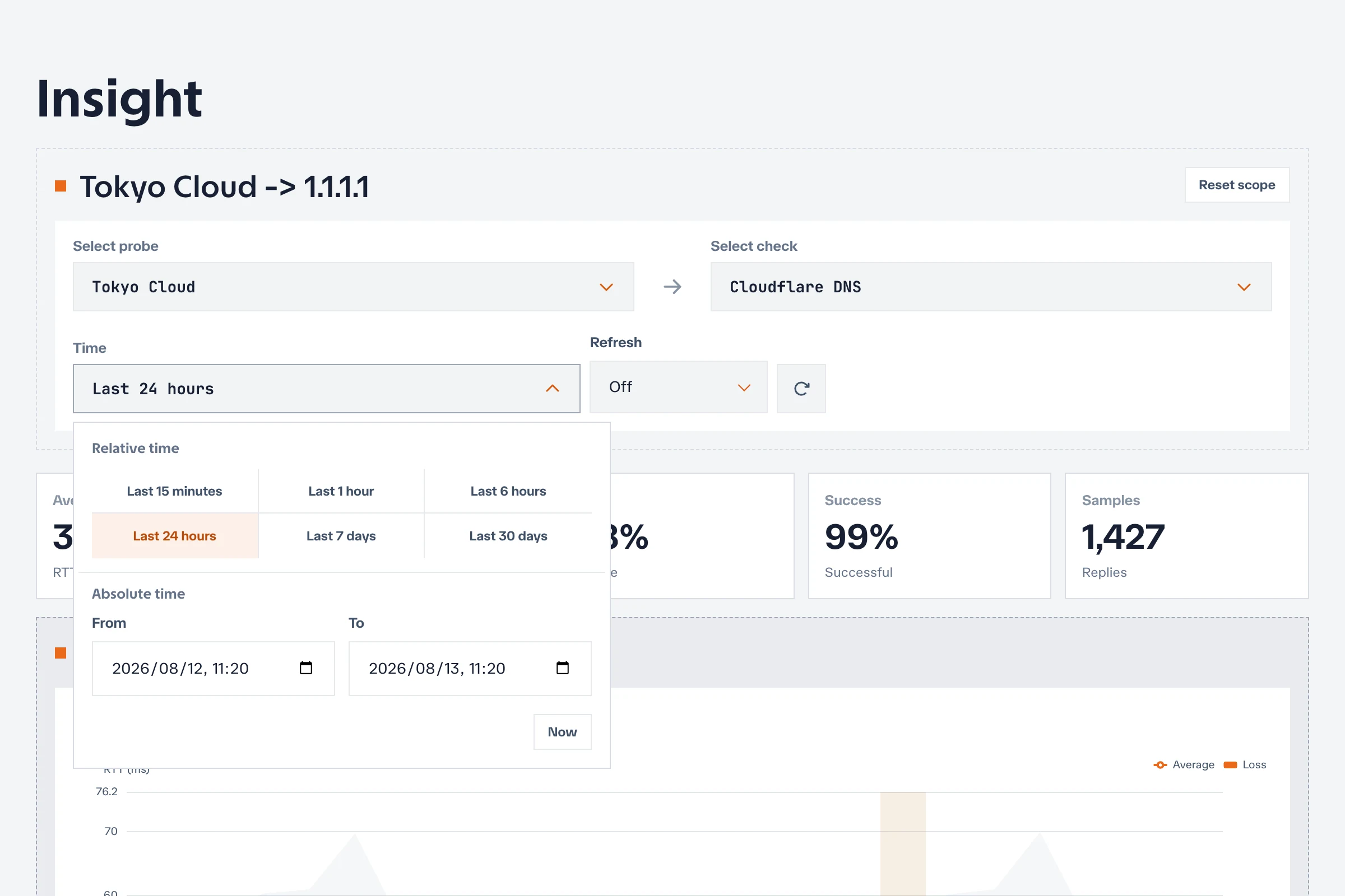 Insight time control with relative presets and absolute From and To fields
