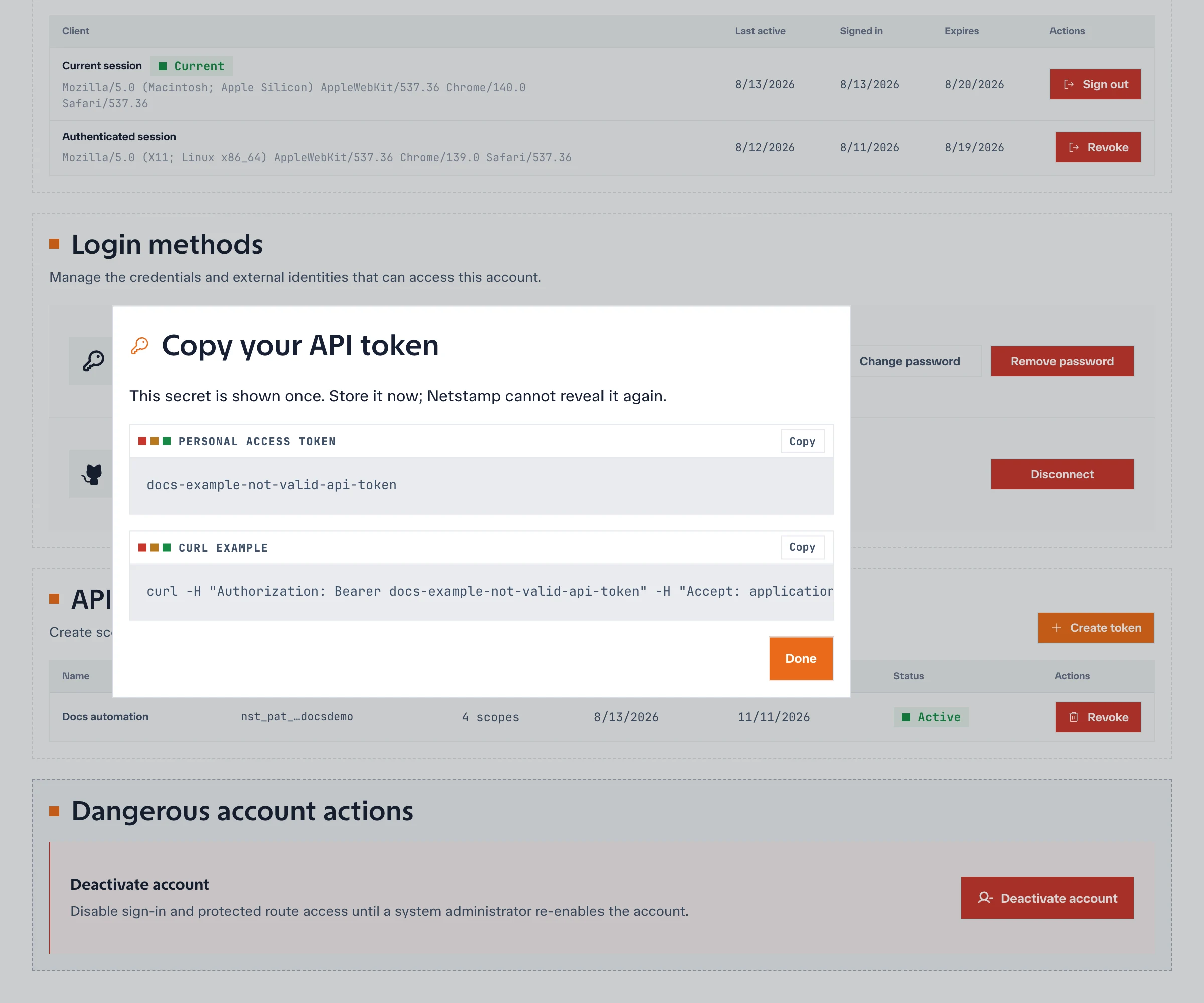 One-time API token result with a deliberately invalid example token and curl command