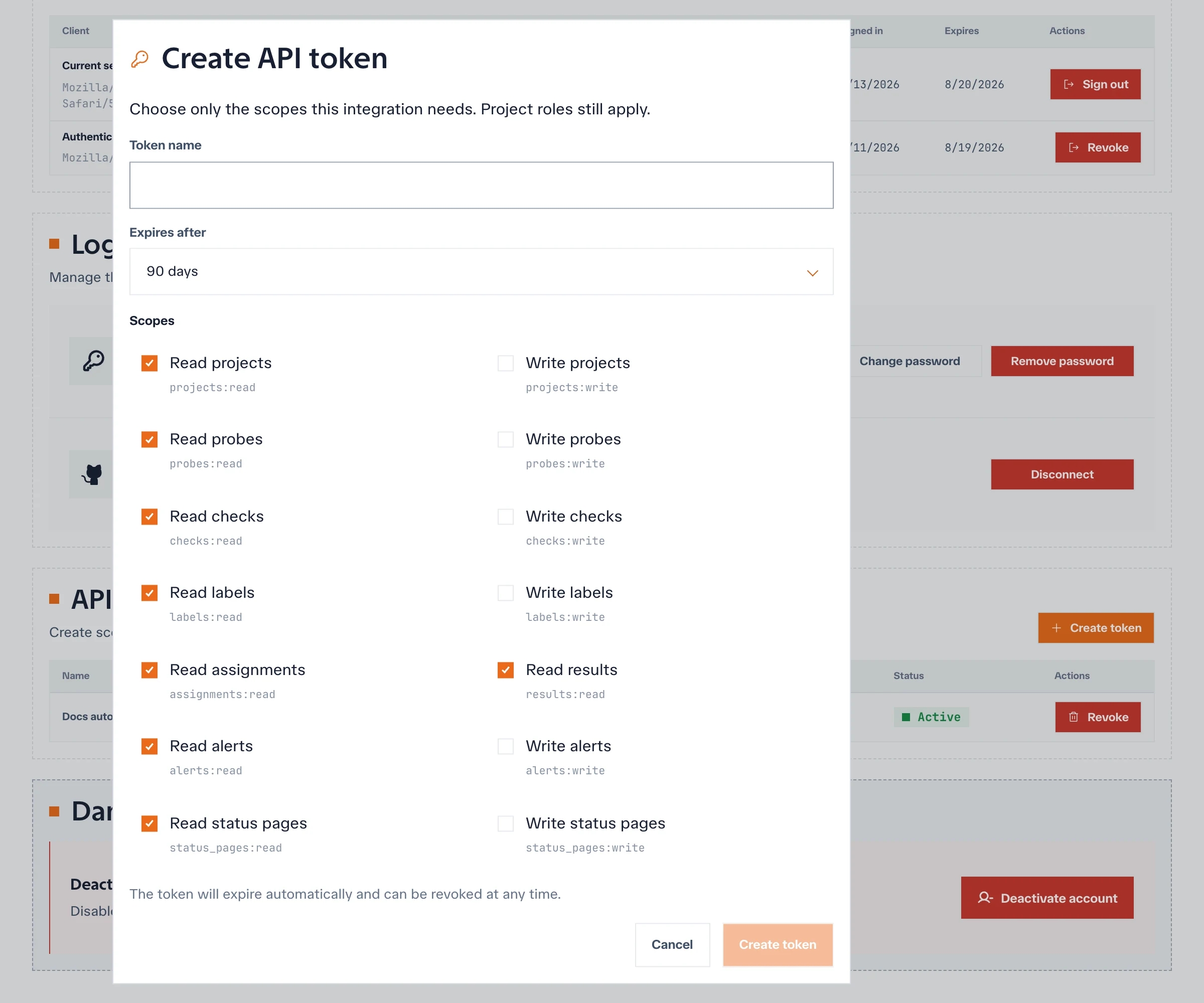 API token dialog with token name, expiration, and scoped permissions