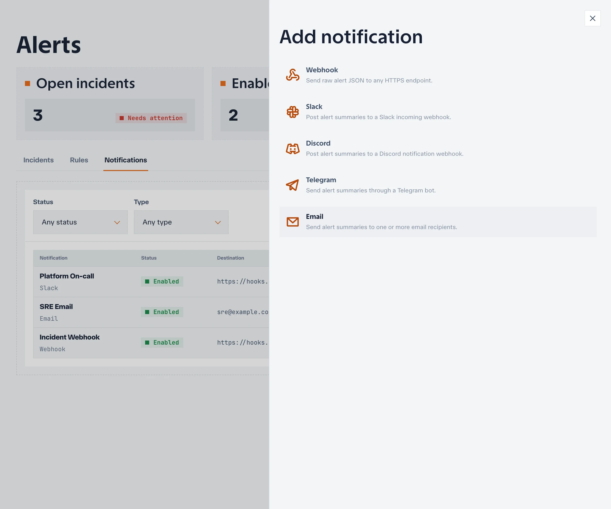 Notification editor with Webhook, Slack, Discord, Telegram, and Email destination types