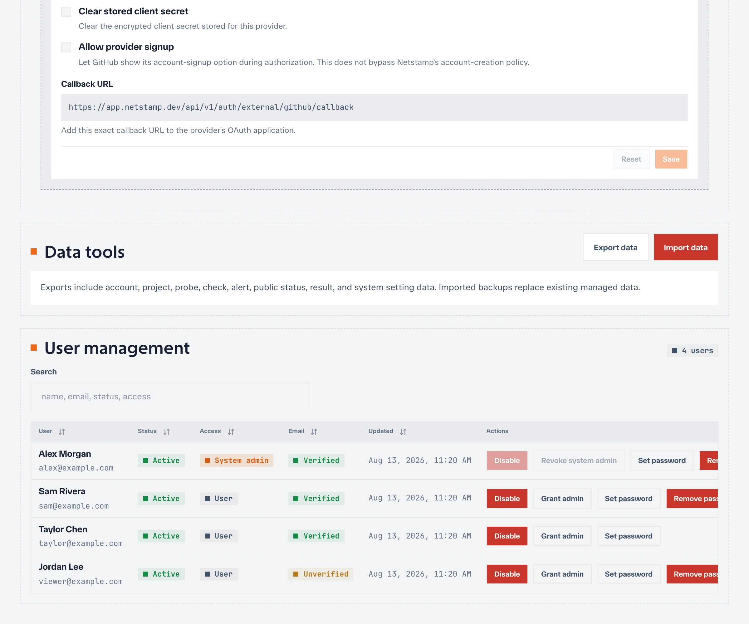 System user-management table with account state, administrator access, verification, and actions