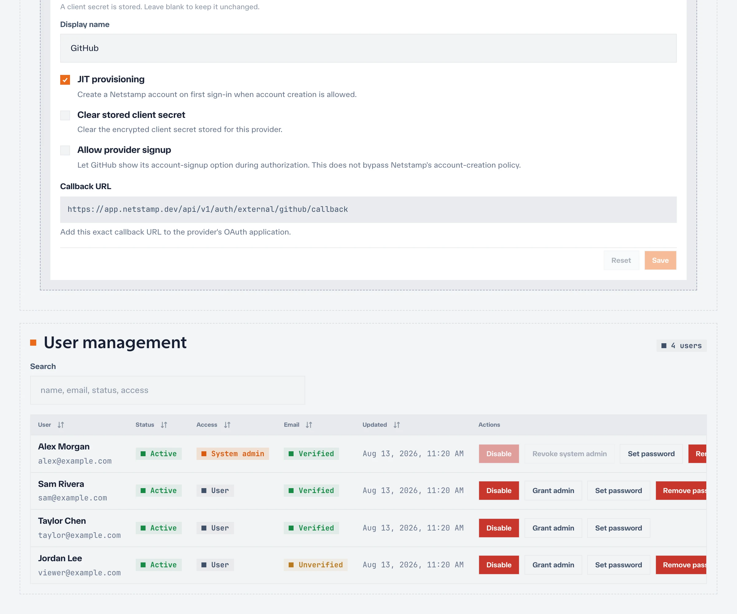 System user-management table with account state, administrator access, verification, and actions